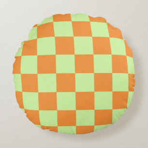 Orange Green Citrus Chequered Gingham Pattern Round Cushion