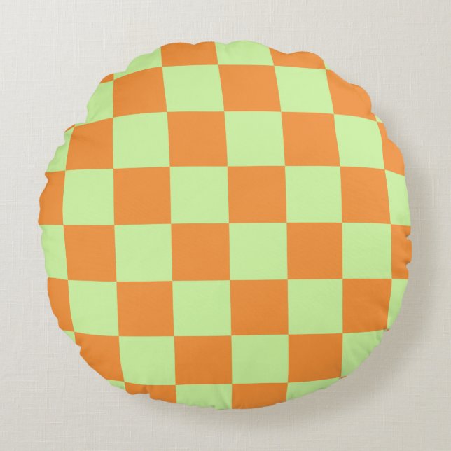 Orange Green Citrus Chequered Gingham Pattern Round Cushion (Front)