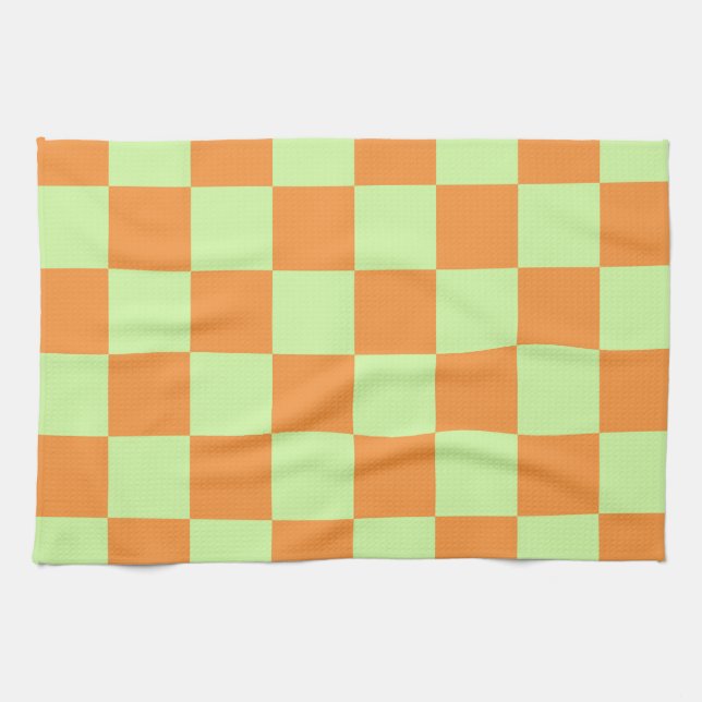 Orange Green Citrus Chequered Gingham Pattern Tea Towel (Horizontal)