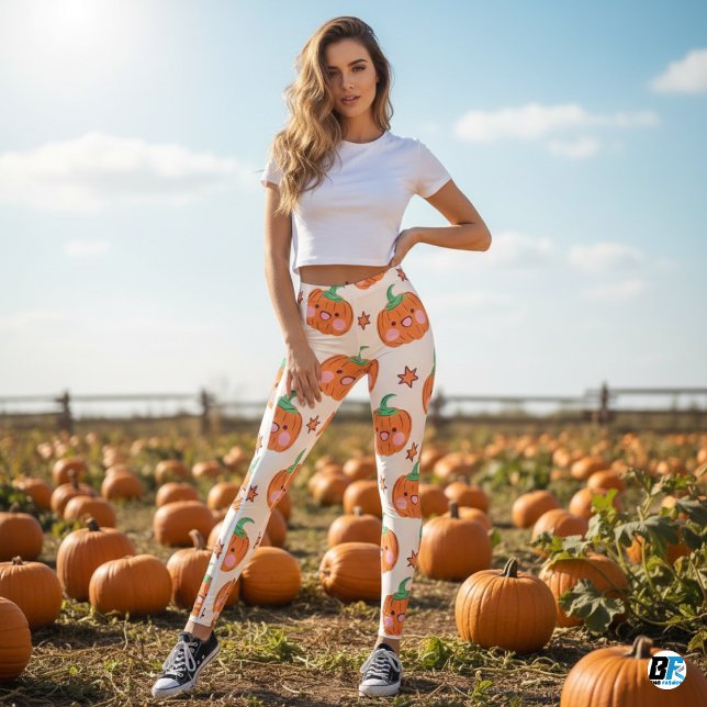 Orange Green Cute Smiling Pumpkin Pattern Leggings (Creator Uploaded)