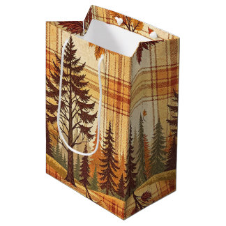 ORANGE & GREEN FALL PLAID PATTERN WITH TREES MEDIUM GIFT BAG