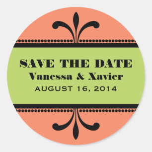 Orange/Green Fancy Art Deco Save the Date Stickers