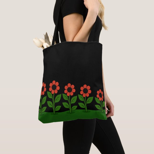Orange Green Floral Black Tote Bag (Close Up)