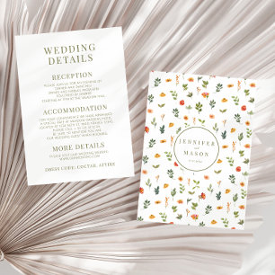 Orange green floral rustic wedding details Card