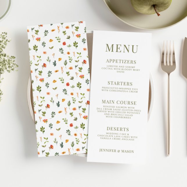 Orange green floral rustic wedding menu cards (Creator Uploaded)