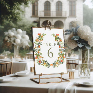 Orange Green Floral Wreath Wedding Table Numbers
