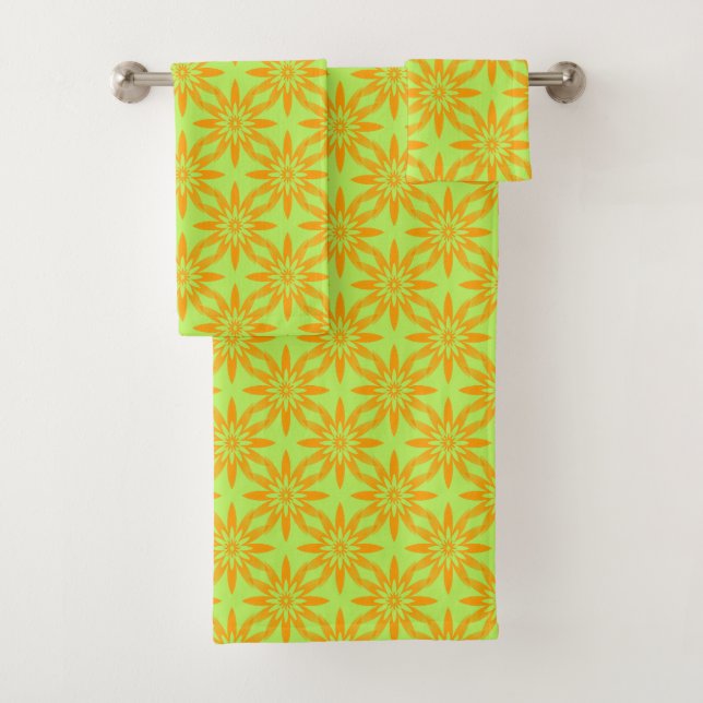 Orange Green Flower Seamless Pattern Bath Towel Set (Insitu)