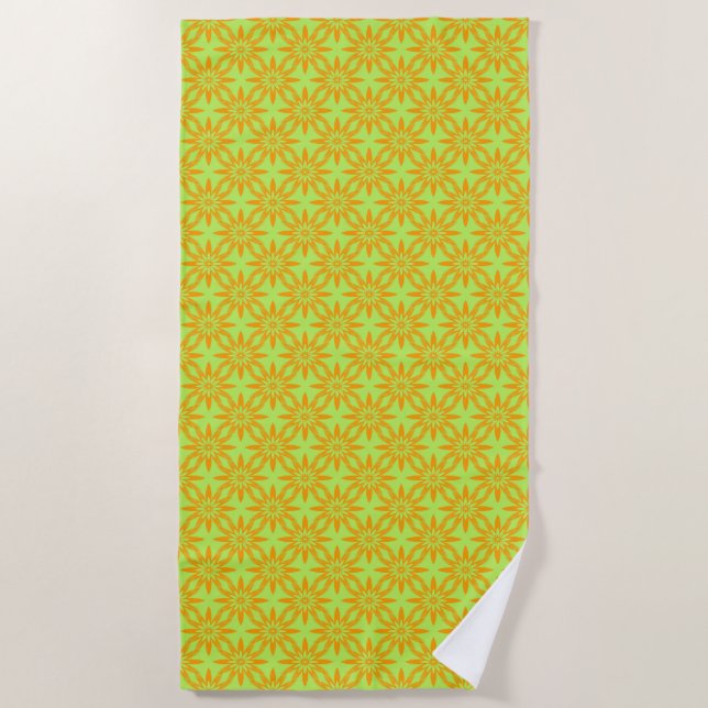 Orange Green Flower Seamless Pattern Beach Towel (Front)