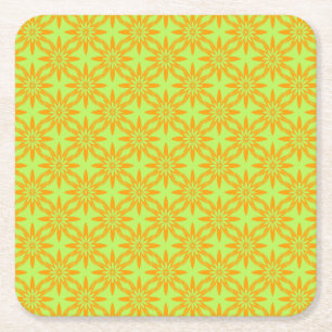 Orange Green Flower Seamless Pattern Square Paper Coaster