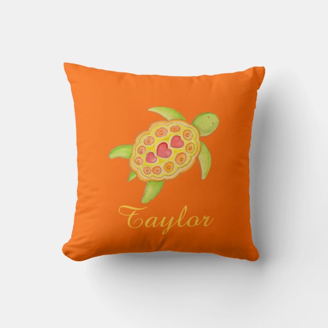 Orange green girls name turtle art cushion pillow (Front)