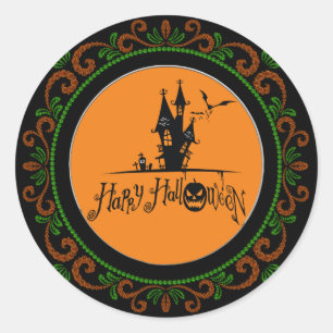 Orange Green Happy Halloween Haunted House Classic Round Sticker