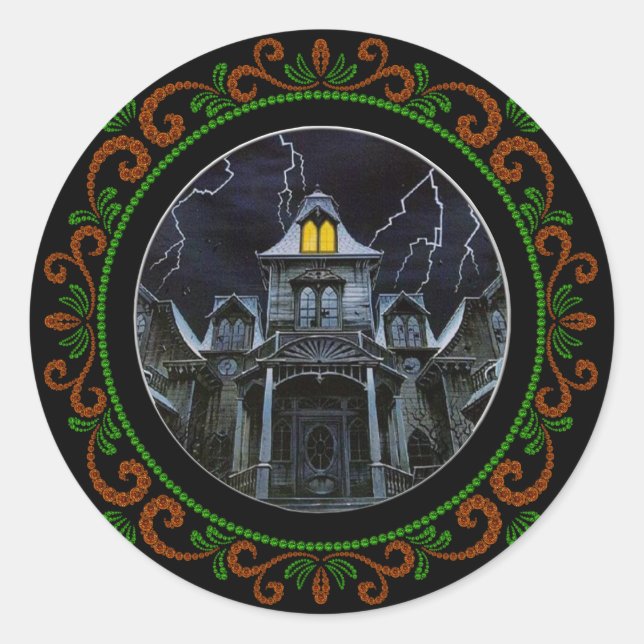 Orange Green Haunted House Halloween Classic Round Sticker (Front)