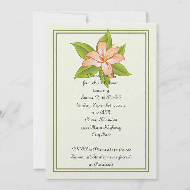 Orange green lily wedding bridal shower invite (Front)