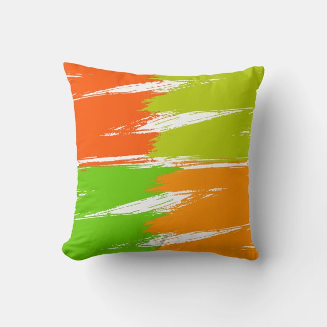 Orange Green Lime White Brush Stroke Paint Cushion (Front)