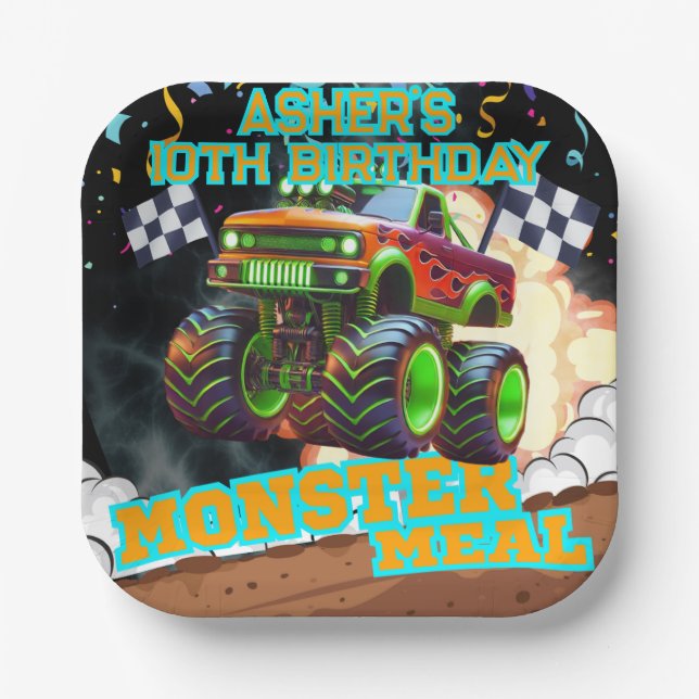 Orange Green Monster Truck Off Road Birthday Squar Paper Plate (Front)