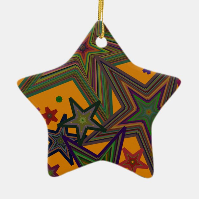 Orange Green Party Stars Ceramic Tree Decoration (Back)