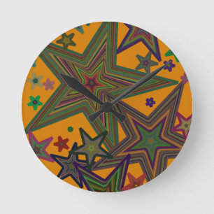 Orange Green Party Stars Round Clock