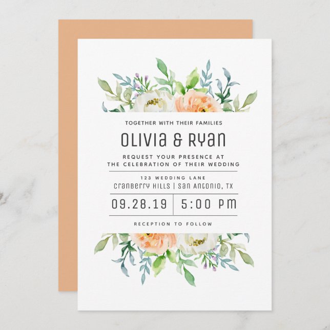 Orange green pastel frame floral invitation (Front/Back)