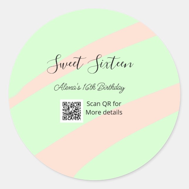 Orange green pastel  QR  Sweet sixteen birthday  Classic Round Sticker (Front)