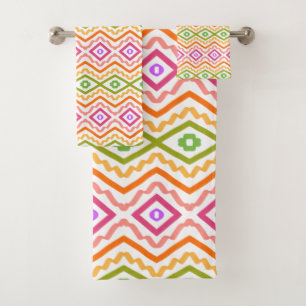 Orange Green Pink Patterned Bath Towel Set