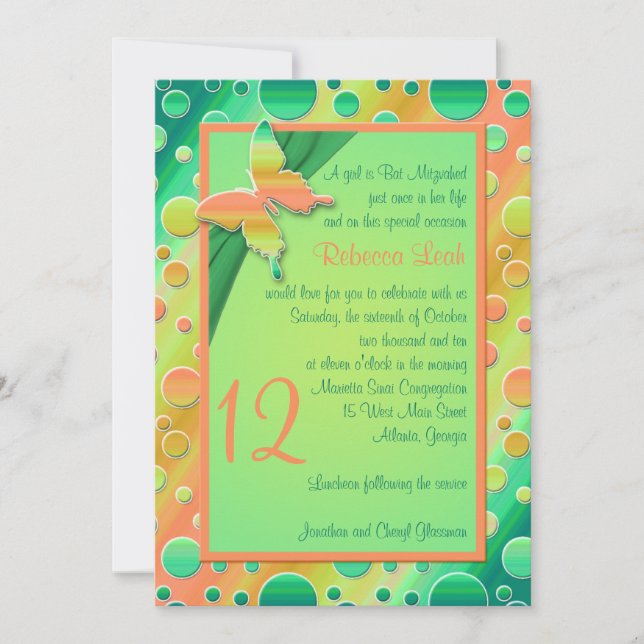 Orange, Green Polka Dot Striped Bat Mitzvah Invite (Front)