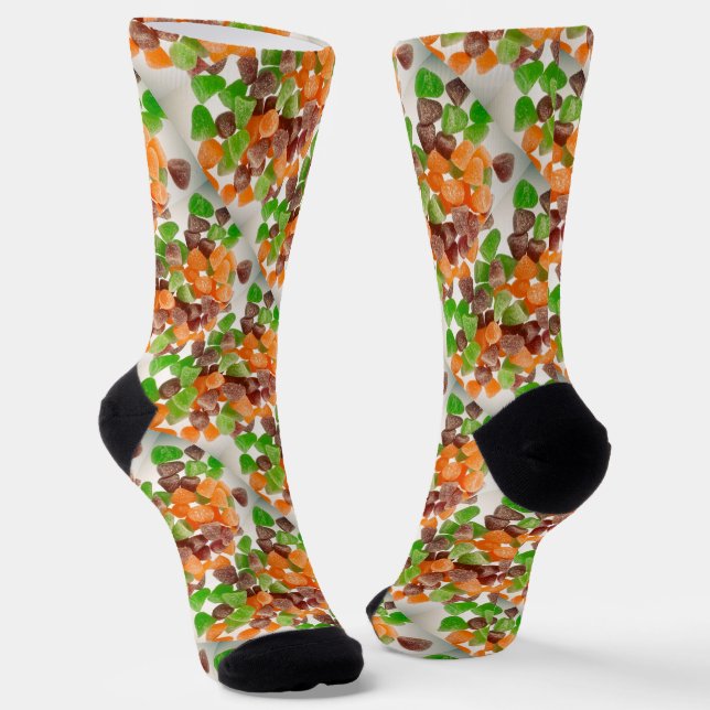 Orange green red gum candy sprinkled sugar pattern socks (Angled)