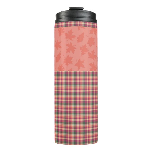 ORANGE GREEN RED PLAID PATTERN WITH LEAVES THERMAL TUMBLER (Front)