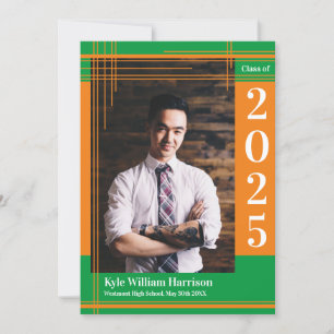 Orange Green School Colour Graduation Photo Plaid Invitation