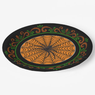 Orange Green Spider Web And Black Spider Halloween Paper Plate