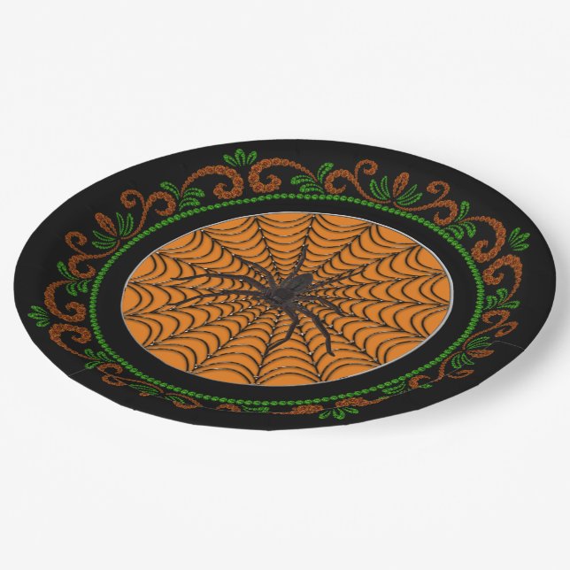 Orange Green Spider Web And Black Spider Halloween Paper Plate (Angled)