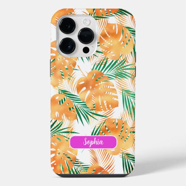 Orange & Green Tropical Leaves, Script Name iPhone Case (Back)