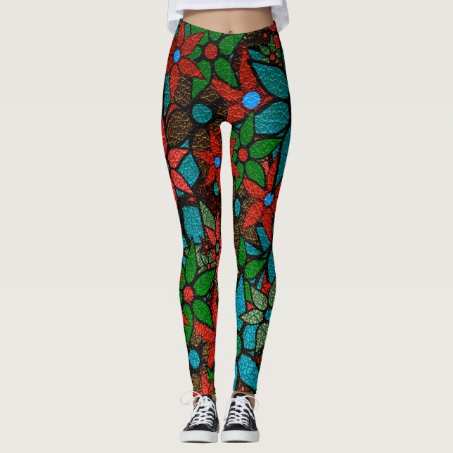 Orange Green Turquoise Floral Leggings (Front)