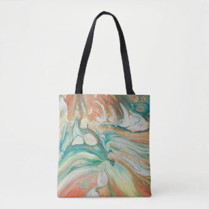 Orange green white cream abstract fluid art tote bag