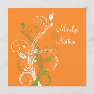 Orange Green White Floral Sq. Wedding Invitation
