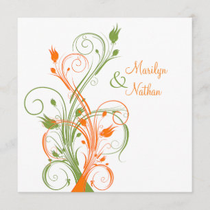 Orange Green White Floral Sq. Wedding Invitation