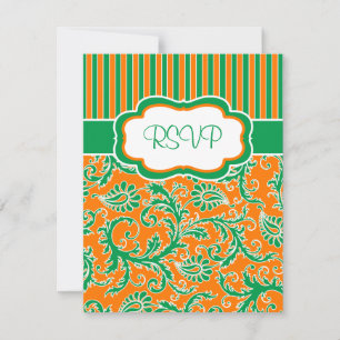 Orange, Green, White Floral Striped RSVP Card