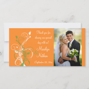 Orange, Green, White Floral Wedding Photo Card