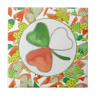 Orange, Green & White Irish Shamrock Ceramic Tile