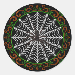 Orange Green White Spider Web And Black Spider Classic Round Sticker
