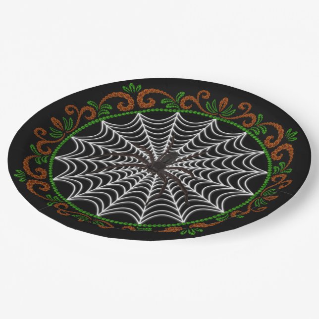 Orange Green White Spider Web And Black Spider Paper Plate (Angled)