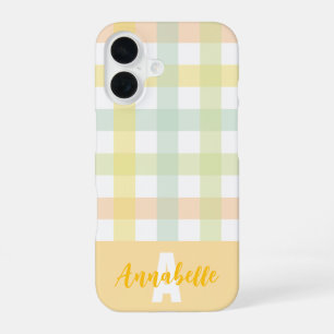Orange Green Yellow Blue Pastel Gingham Monogram iPhone 16 Case