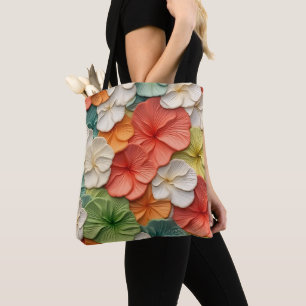 ORANGE GREEN YELLOW WHITE FLOWERS TOTE BAG