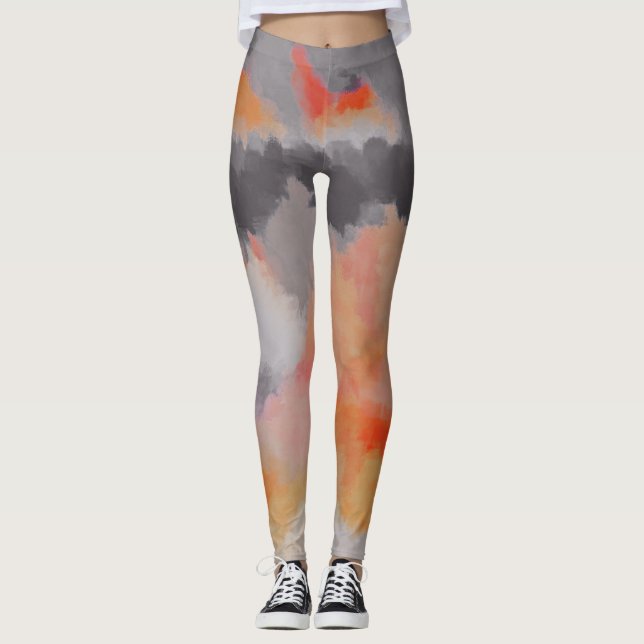 Orange Grey Abstract Painting Leggings (Front)
