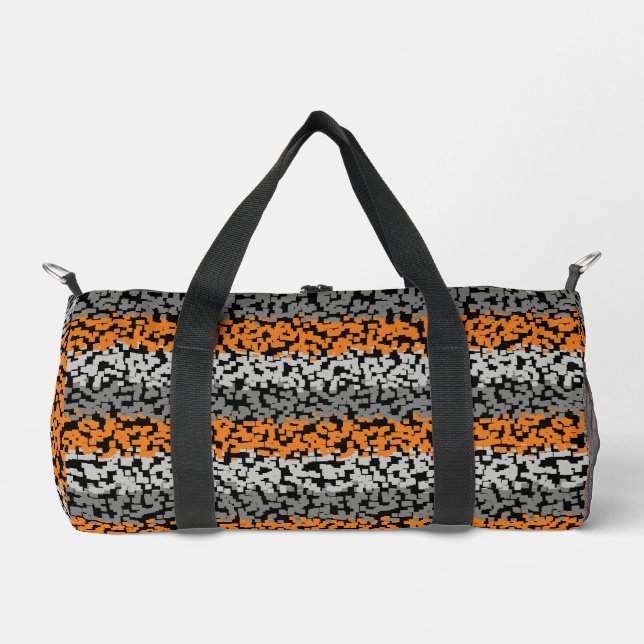 Orange grey and black digital pixelated stripes duffle bag (Front)