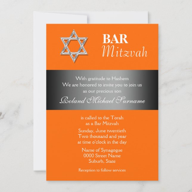 Orange grey bar mitzvah celebrations invitation (Front)
