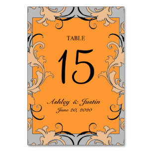 Orange Grey Black Swirls Wedding Table Number Card