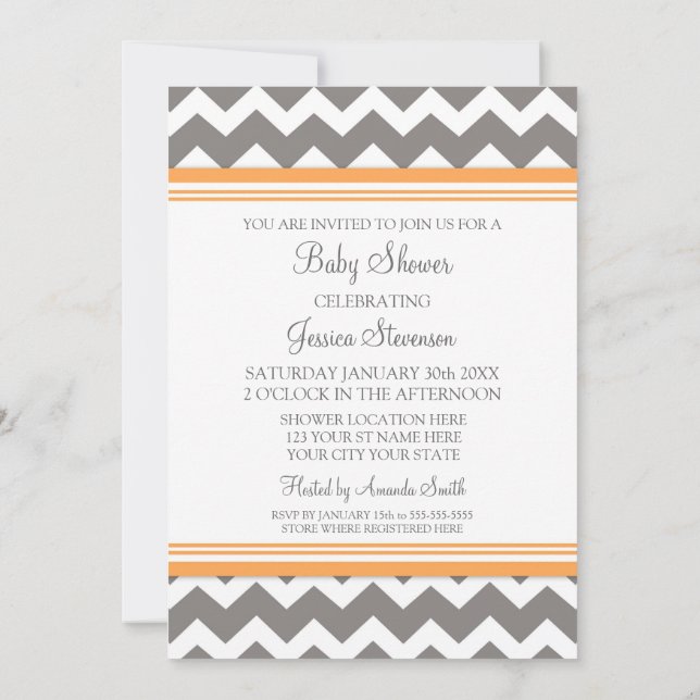 Orange Grey Chevron Custom Baby Shower Invitations (Back)