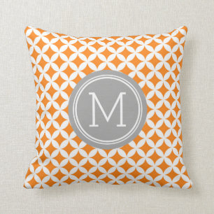 Orange Grey Circles Monogram Decorative Pillow