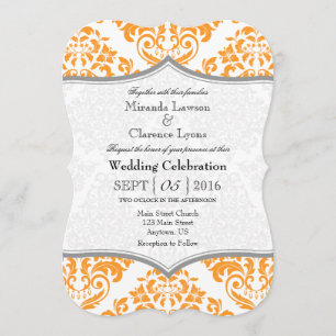 Orange Grey Damask Bracket Wedding Invite