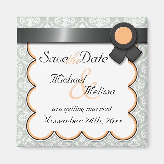 Orange & Grey Damask Save the Date Magnet (Front)